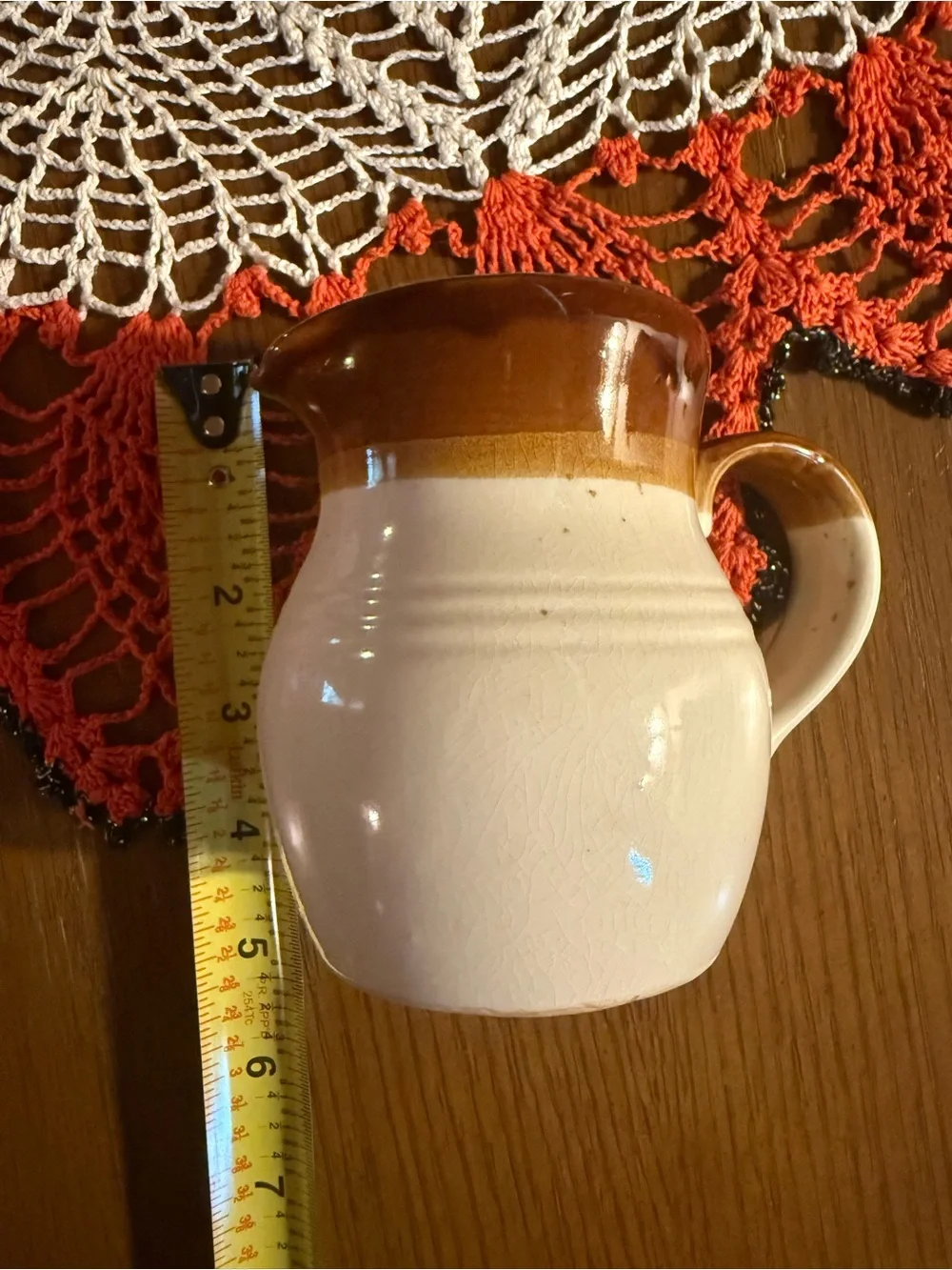 Vintage Brown & Cream Stoneware Pitcher Crazed Glaze Farmhouse Pottery